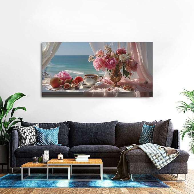 AIYISU Vintage Pink Flower Wall Art Retro Flowers in Golden Vase Pictures Blue Ocean Coastal Landscape Canvas Prints Blossom Painting Poster Floral Artwork Living Room Bathroom Home Decoration 30x60