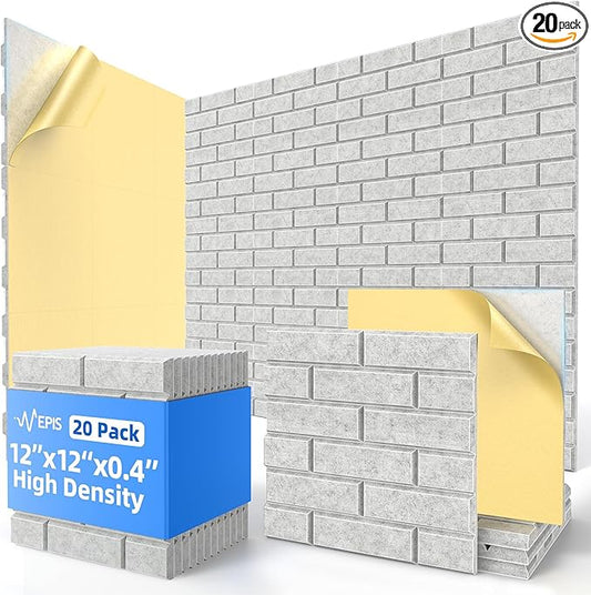 20 Pack Acoustic Panels with Self Adhesive, 12" X 12" X 0.4" High Density Sound Proof Foam Panels for Walls, Soundproof Wall Panels, Brick Sound Absorbing Panels for Home Studio Office Decor - Gray