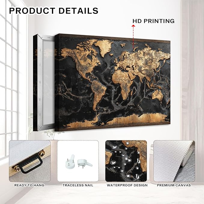 Abstract World Map Wall Art Black and Gold Wall Decor for Living Room Vintage Modern Office Canvas Painting Global World Maps for Wall Decorations Nautical Theme Poster Artwork Home Decor 16x24”