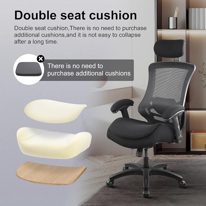 BOLISS Ergonomic Office Desk Chair High Back Heavy Duty 400lbs | Double-Layer Seat Cushion, Adjustable Headrest, Adjustable Lumbar Support, 2D Height Adjustable Flip-Up Arms