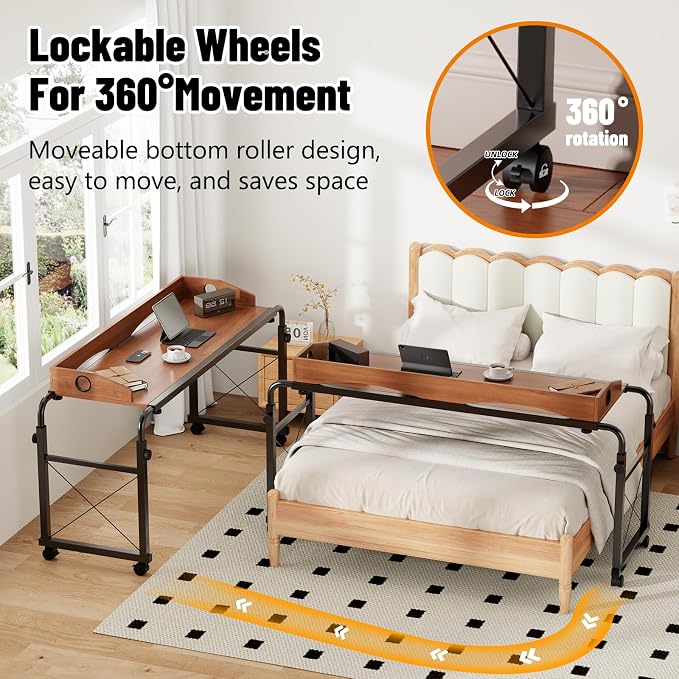 BYMECOST Laptop Desk for Bed, Adjustable Height & Length Laptop Bed Table | Overbed Table with Wheels for Queen Size Beds,Rolling Standing Desk,Over Bed Desk for Working Reading Eating