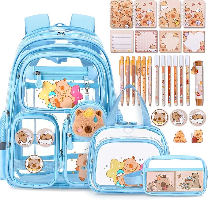 Capybara Theme Clear Backpack, 28Pcs School Supplies Stationery Transparent Backpack Set with Lunch Box Pencil Case Pens Notebooks for Kids Girls Elementary Middle School Stadium Approved