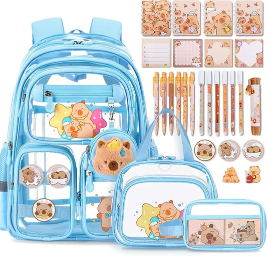 Capybara Theme Clear Backpack, 28Pcs School Supplies Stationery Transparent Backpack Set with Lunch Box Pencil Case Pens Notebooks for Kids Girls Elementary Middle School Stadium Approved