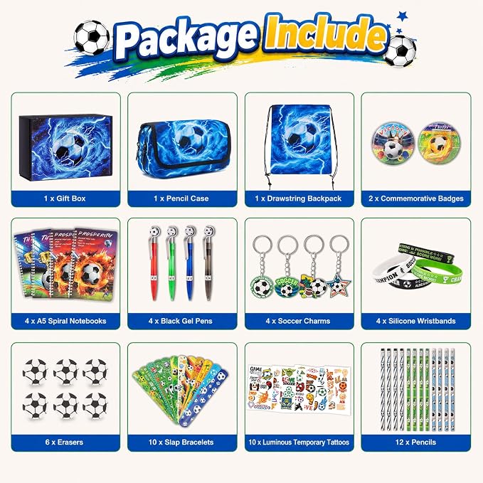DIGOBAY 61PCS Soccer School Supplies Set for kid Boys, Teen Back to School stationery Supplies with Pencil Case Drawstring Bag Spiral Notebooks Pens Pencils Tattoos Wristbands Gift Box