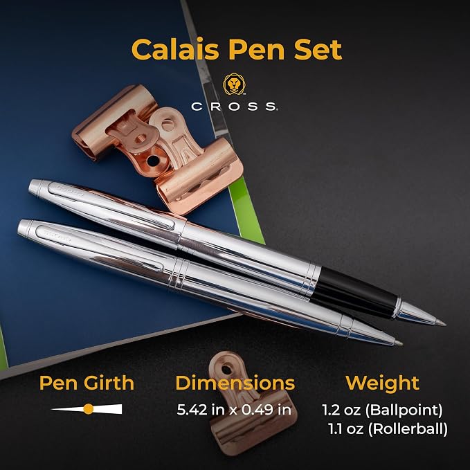 Cross Calais Engraved Ballpoint and Rollerball Pen Set, Chrome, Art Deco Design, Matching Engraving on Both Pens, Gift for Graduation, Writers, Career Advancement, Cross Gift Box
