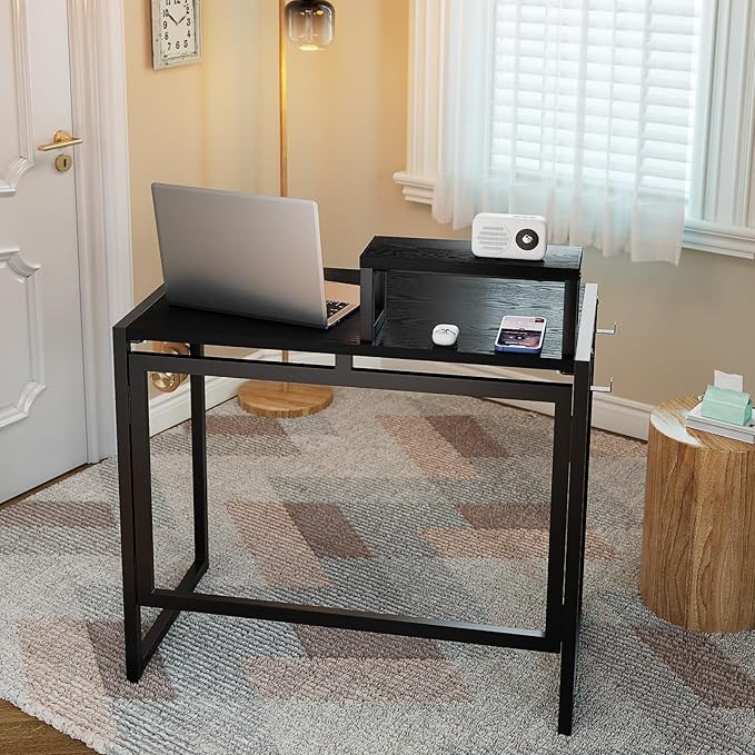 GreenForest Folding Desk with Monitor Stand, 31.5 Inch Foldable Computer Desk with Hook and Storage, Sturdy Small Space-Saving Writing Work Table for Home Office Dorm, Black