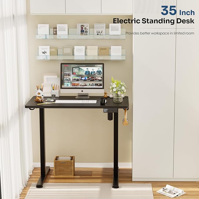 Monomi Small Electric Standing Desk, 35" x 20" Whole Piece Height Adjustable with Memory Controller, Sit to Stand Desk Workstation for Home Office, Black