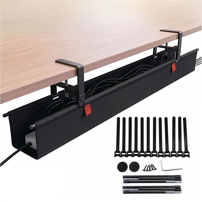 Under Desk Cable Management Tray 48" — No Drill Clamp-On Cord Organizer for Desk with Built-in Ties, Heavy Duty Metal Clamp, Foldable 600D Oxford Fabric for Home Office, WFH & Gaming PC Setup (Black)
