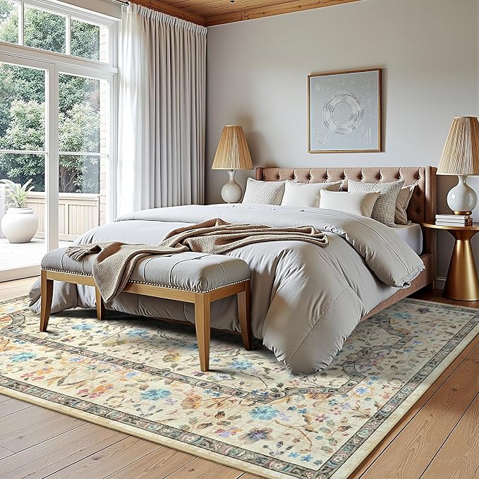 Vasofe 3x5 Area Rug for Bedroom, Washable Rugs for Living Room, Laundry, Kitchen, Vintage Floral Indoor Non Slip Carpet Farmhouse Beige Throw Carpets Soft Low Pile Mat for Dorm Bedside Entryway