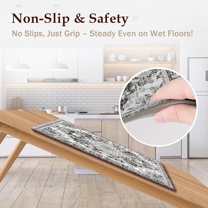 Boho Kitchen Mats for Floor 2 Piece Set Anti Fatigue Cushioned PVC Kitchen Rugs Non Slip Waterproof Farmhouse Mats 2/5 Inch Comfort Standing Mat for Sink, Laundry, 23.6"x39"+23.6"x59", Dark Grey