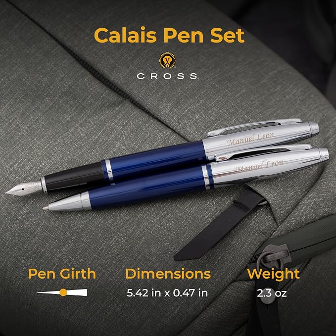 Cross Calais Engraved Ballpoint and Fountain Pen Set, Blue Lacquer with Chrome, Art Deco Design, Matching Engraving on Both Pens, Gift for Graduation, Writers, Career Advancement, Cross Gift Box