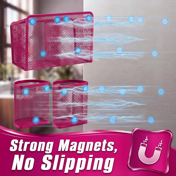 Marspark 3 Pcs Magnetic Pen Holder Set Metal Pencil Holder with Strong Magnets Wire Mesh Storage Basket Organizer for Locker Accessories Whiteboard Refrigerator School Office Dorm(Pink)