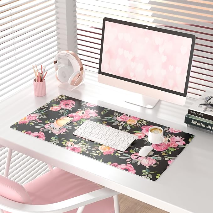 QiyI Large Mouse Pad, Floral Desk Mat for Desktop, Women Girls Watercolor Pink Flowers Office Décor Desk Accessories, PU Leather Waterproof Gaming Mousepad, Black Desk Pad Computer Mat, 31.5" x 15.7"