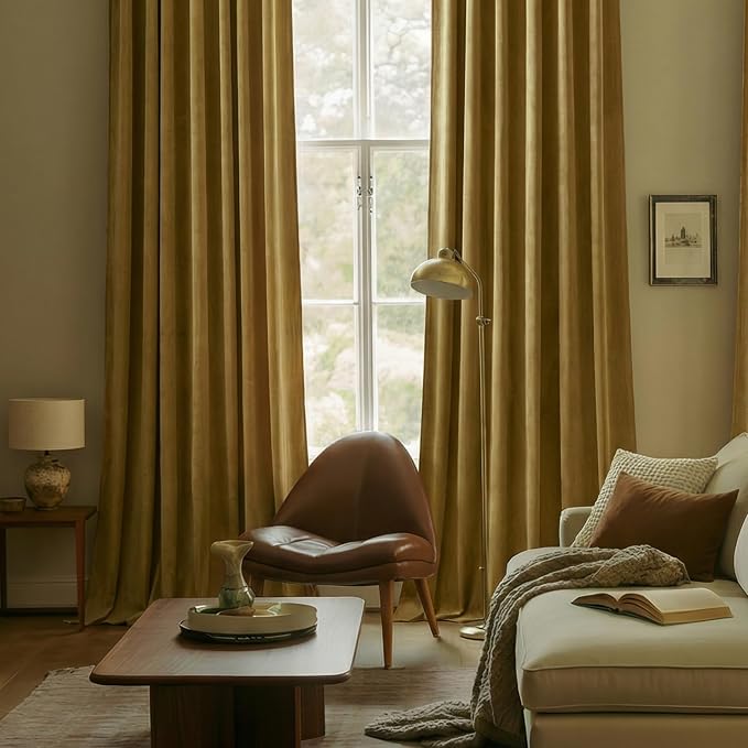 84 Inch Gold Velvet Curtains for Living Room & Bedroom, Thermal Insulated Blackout Curtain Heavyweight Room Darkening Window Drapes with Back Tab & Rod Pocket, Gold Brown, 52W x 84L, 2 Panels