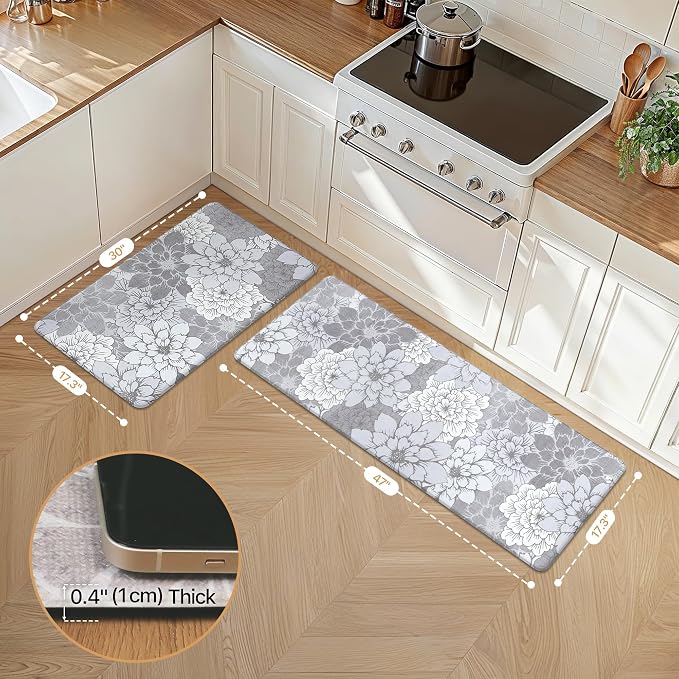 GENIMO Anti Fatigue Kitchen Mats for Floor 2PCS, Cushioned Standing Mats | 17.3"x47"&17.3"x30", Lavender Grey vintage floral rug set, waterproof, non slip, easy-clean for farmhouse