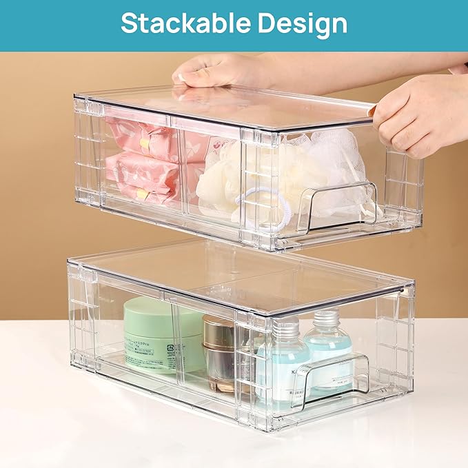Vtopmart 2 Pack Stackable Clear Drawer with Dividers | Clear Drawer Organizers with Removable Dividers for Flexible storage. Stackable, Non-slip, for Fridge, Under Sink & Bthroom