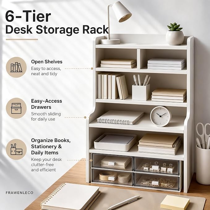 6-Tier Desktop Organizer Shelf, Small White Desk Storage Rack with Drawers, Multi-Layer Office Desk Organizer for Books, Stationery, Makeup, Study Room, Dorm, Home Office