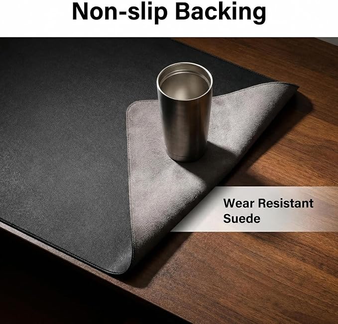 Non-Slip Leather Desk Pad, (Black, 14" x 48") Waterproof Laptop Computer Desk Keyboard Mat, Table Protector Blotter Mat, Large Mouse Pad for Office/Work/Home/Decor