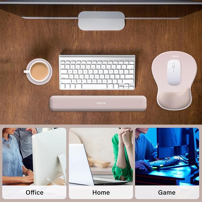 MOSISO Wrist Rest Support for Mouse Pad&Keyboard Set, Ergonomic Mousepad with Concave Curved Memory Foam, Non-Slip Base Pain Relief Comfortable Rectangular Easy Typing Pad for Home/Office, Apricot
