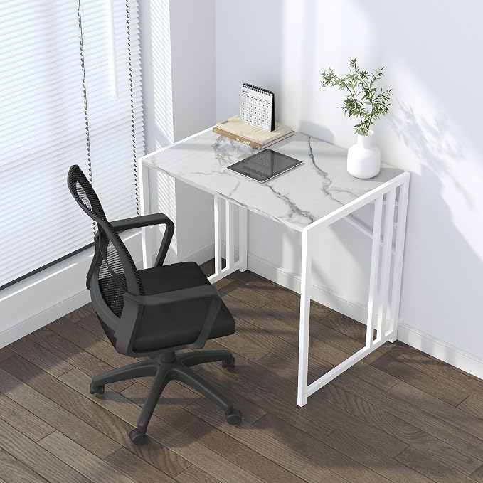 Lutown-Teen 32 inch Folding Small Desk, Writing Gaming Computer Camping Desk for Small Spaces, No Assembly Required Home Office Desk, White Marble