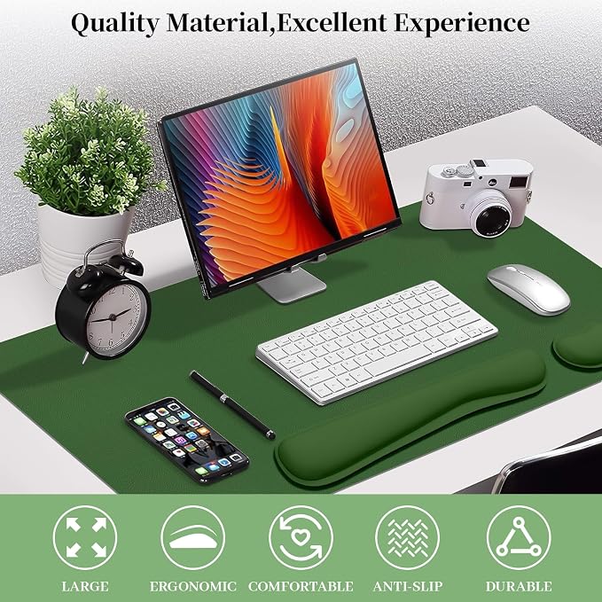Mouse and Keyboard Pad, 3-in-1 Desk Mat Set, Wrist Rest for Computer Keyboard, Ergonomic Keyboard Wrist Rest Set for Office Home Decor(Olive Green, 31.5" x 15.7")