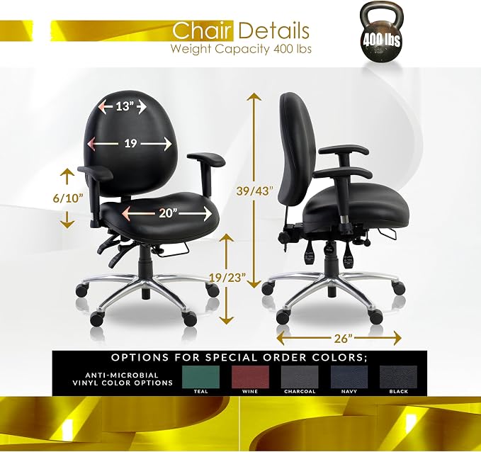 Romig Conley 24/7 Vinyl Office Chair Big & Tall 400lb Max Weight, Adjustable Back & Seat Height, with Wheels, Black