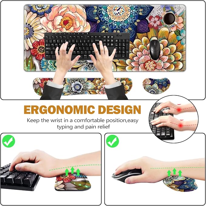 ToLuLu Extended Gaming Mouse Pad, Memory Foam Ergonomic Keyboard Mouse Wrist Rest Support Set, Large Desk Mat with Stitched Edges, Non-Slip Base Mousepad for Home Office Game, Colorful Flower