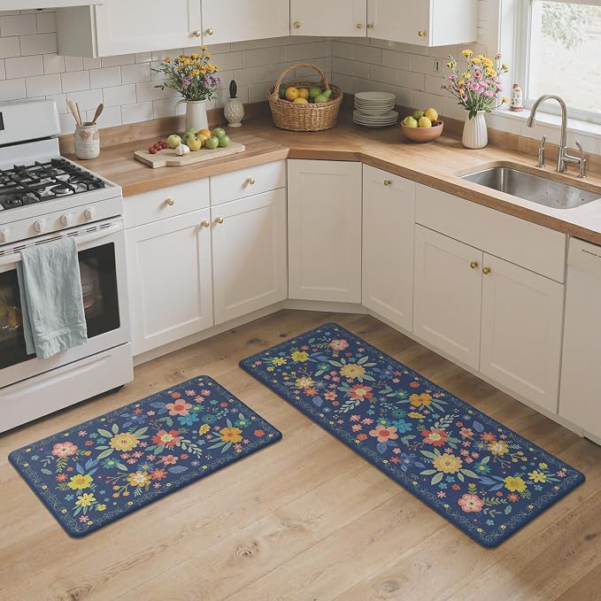 GENIMO Anti Fatigue Kitchen Mats for Floor 2PCS, Cushioned Standing Mats | 17.3"x47"&17.3"x30", Navy vintage floral rug set, waterproof, non slip, easy-clean for farmhouse