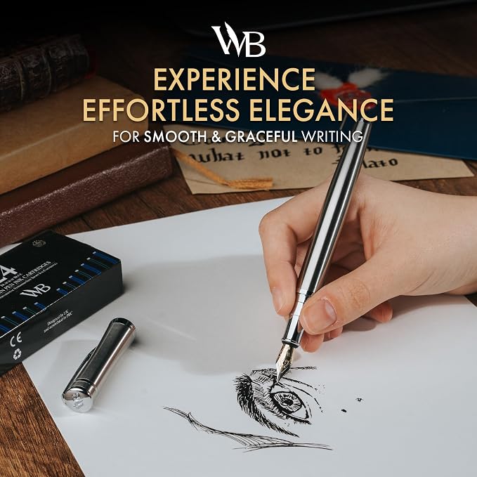 Wordsworth & Black Fountain Pen Set, 18K Gilded Extra Fine Nib, Includes 6 Pack Ink Cartridges, Ink Refill Converter & Gift Box, Chrome Finish, Calligraphy, [Silver Chrome], Perfect for Men & Women