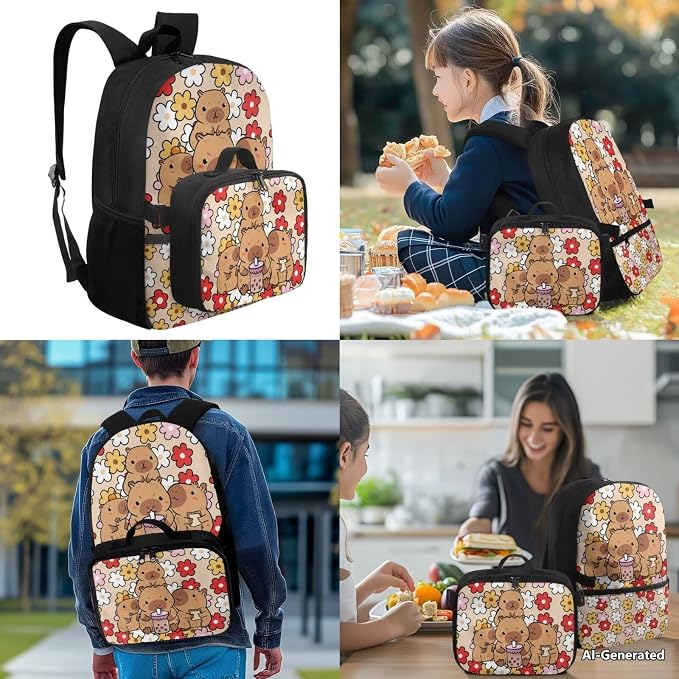 Doojoayie Floral Capybara Backpacks for Girls with Lunch Box Fashion Casual School Bags for Kids 6-8 17 inch Bookbag with Heavy Duty Zippers for Daily School Needs Keep Organized