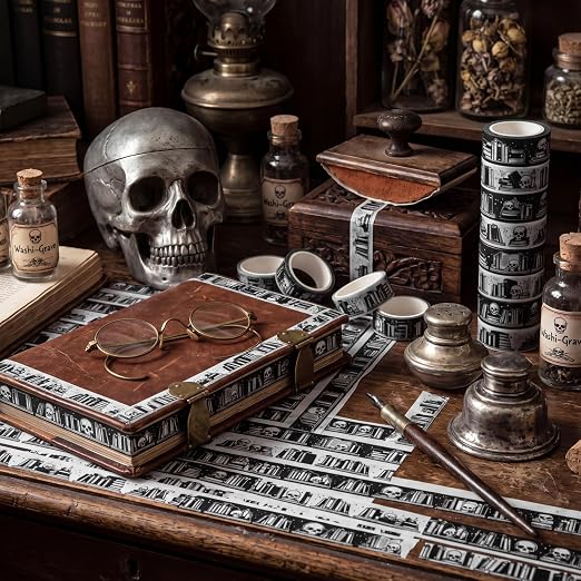 24 Rolls Gothic Book Shelf Washi Tape Set Per Roll, Skull & Book Pattern Decorative Tape Easy Hand Tear for DIY Crafts, Scrapbooking, Journaling, Gift Wrapping Study Planner Decoration