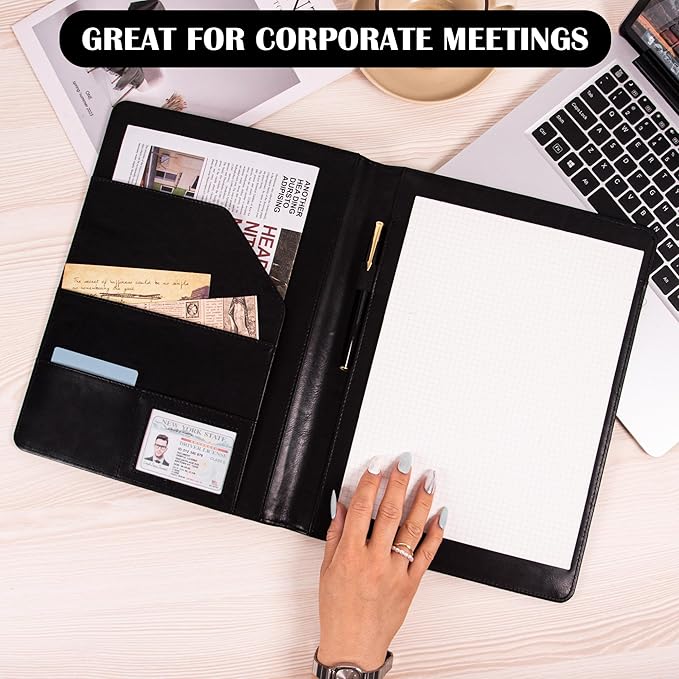 AZXCG Leather Padfolio Portfolio Binder,Interview Resume Folder with Business Card Holder,Portfolio Folder with Document Organizer,A4 Legal Pad Holder for Men &Women