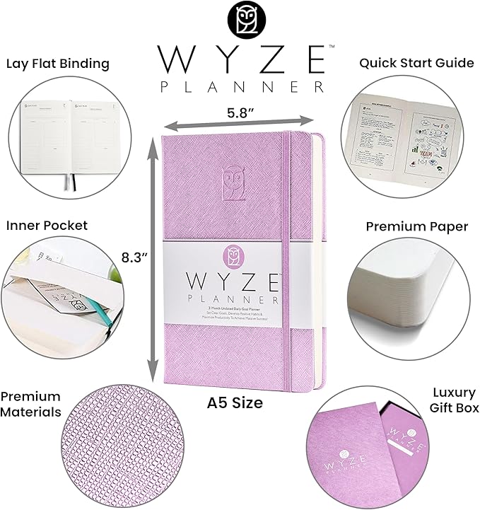 Undated Daily Planner – 3-Month A5 Productivity Organizer with Full Page Per Day, Hourly Schedule, Goal Setting, Habit Tracker, Weekly & Monthly Pages – Hardcover Time Management Notebook (Lilac)