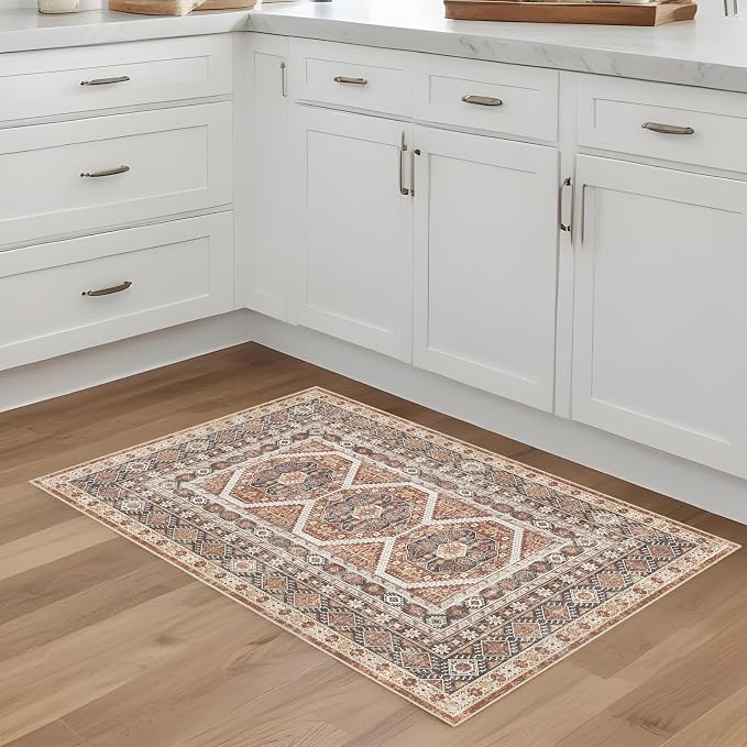 Washable Area Rug Non Slip - 2x3 Small Kitchen Boho Rug Vintage Entryway Low Pile Carpet for Doormat Brick (Brick, 2x3)