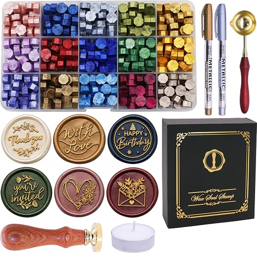 SWANGSA Blessing Wax Seal Stamp Kit with 450pcs Sealing Wax Beads, 2 Pens and Spoon for Wedding, Invitations, Cards, Envelope, Christmas