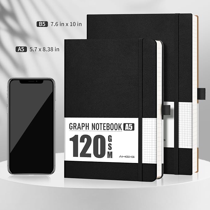 AHGXG Graph Paper Notebook - Grid Notebook Journal, 120 GSM Thick Graph Paper, Large B5 Notebook 96 Pages, Leather Softcover, for Graphing, Writing, Math, Engineering, 7.6'' X 10'' - Black