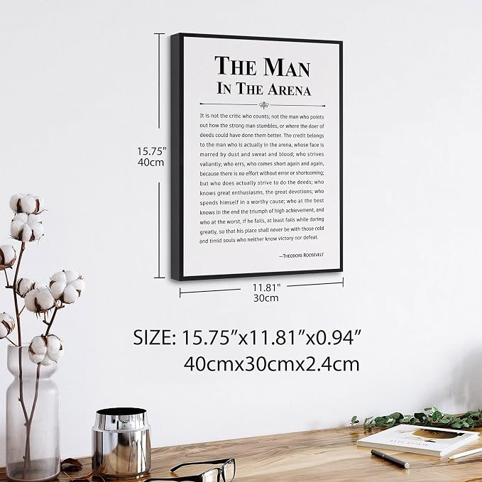 Howwii Inspirational Wall Art Office Decor The Man in the Arena Motivational Positive Quote Canvas Print Gift for Men&Women Framed Canvas Wall Decor 12”x16”