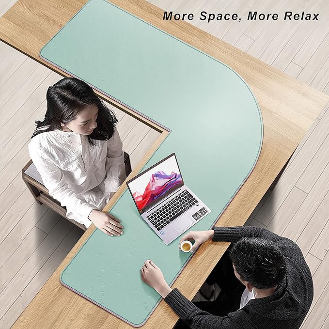 Vyaaa L-Shaped Leather Desk Pad, Two Tone Gaming Mouse Pad for Corner Desk Mat, Office and Home, 43 x 43 x 15.7 Inch, Pink and Green