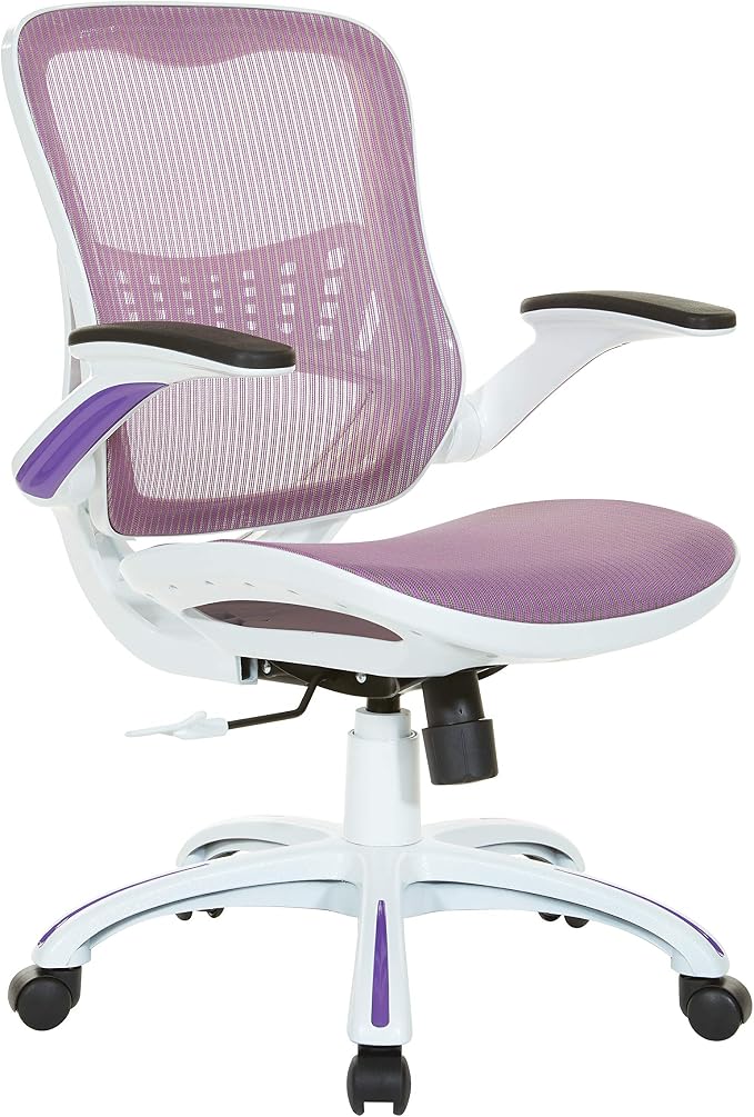 OSP Home Furnishings Riley Ventilated Manager's Office Desk Chair with Breathable Mesh Seat and Back, White Base with Purple