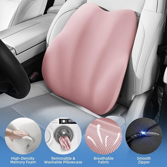 BEBAS Lumbar Support Pillow for Car, Memory Foam Back Cushion for Driving, Ergonomic Lumbar Pillow for Pain Relief, Comfort Lower Back Support for Office Chairs, Car Seat, Wheelchair -Pink