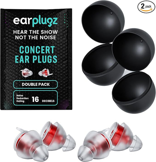 Plugz Red Lightweight Ear Plugs Noise Cancelling - Invisible, Easy to Wear Music Ear Plugs, All-Day Comfort for Up to 23dB Noise Reduction, Two Pairs Clear Earplugs in Sleek Portable Case