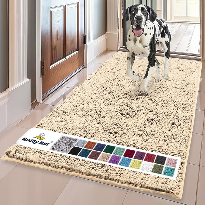 Muddy Mat® | Super Absorbent Door Mat Indoor, Microfiber Quick Dry Chenille Entryway Rug, Non-Slip Front Door Mat, Indoor Mats for Entryway, Machine Washable Pet Rug, Beige 36"x120"