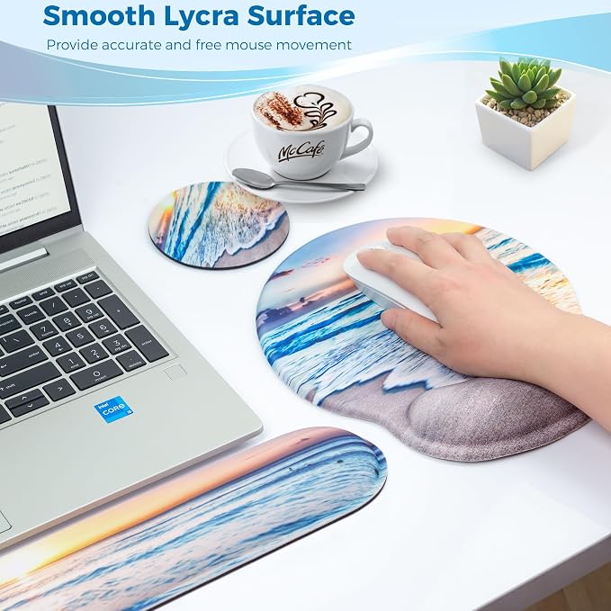 Mouse Pad and Keyboard Wrist Rest Support, with Non-Slip PU Base,Gel Mouse Pad with Coaster,Pain Relief for Gaming, Computer,Office -Beach