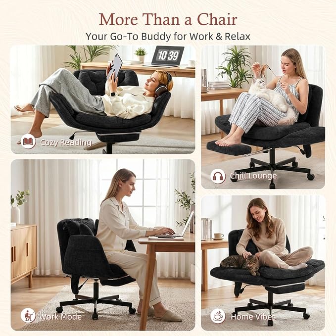 Criss Cross Office Chair with Footrest and 5-Gear Adjustable Arms, Black | Wide seat cross-legged desk chair, flip lumbar pillow, airbag support, linen fabric, for home office, vanity and meditation