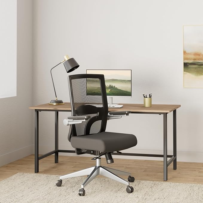 Space Seating 867 Series Adjustable Manager's Chair with Breathable Mesh Back, Lumbar Support and Padded Flip Arms, Black Fabric Seat with Silver Nylon Base