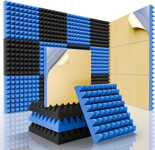 Sonicism Soundproof Wall Panels Self-Adhesive Pyramid 12 Pack,1" X 12" X 12" Acoustic Panels High Density Sound Proof Foam Panels for Walls Fast Expand,Sound Absorption & Decoration(Black/Blue)