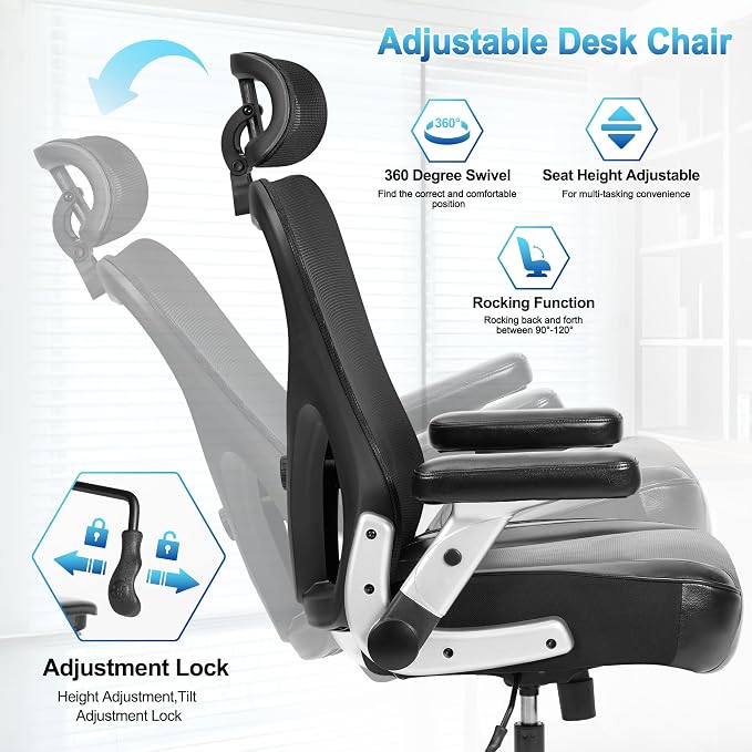 Super Big and Tall Office Chair 700lbs- Heavy Duty Executive Computer Chair with Rubber Wheels 3D Flip Arms, Ergonomic Mesh High Back Desk Chair, Wide Seat Adjustable Lumbar Support & Headrest