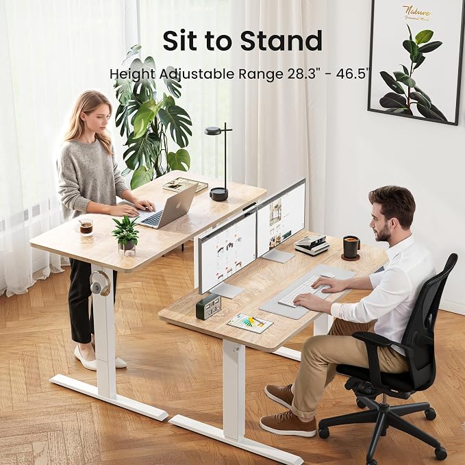 DESINO Standing Desk, 48 × 24 Inches Electric Height Adjustable, Sit and Stand Up, Computer Office Desk with Splice Board, White Frame/Oak TOP