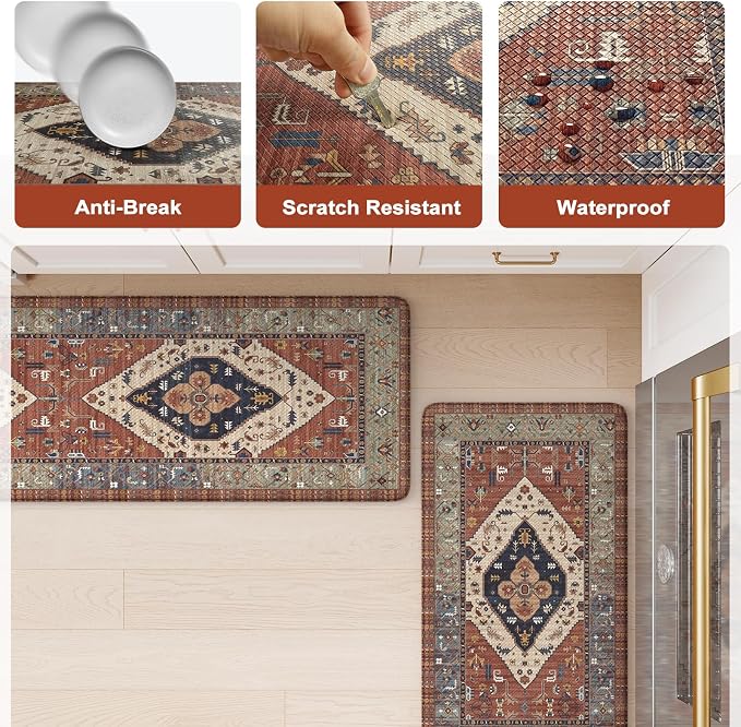 KIMODE Anti Fatigue Kitchen Mats,Boho Vintage Kitchen Rugs Sets of 2,Non Slip Waterproof Kitchen Floor Mats,Ergonomic Cushioned Comfort Standing Mat for Laundry,Office,Sink,Desk, Red