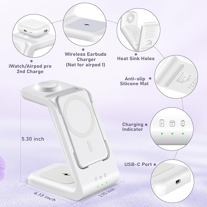 Smtcsl 3 in 1 Wireless Charging Station: 5000mAh Removable Power Bank Charger Stand for Phone/Watch/Air Pods - Portable Magnetic Battery Pack for Air 17 16 15 14 13 12 Series White